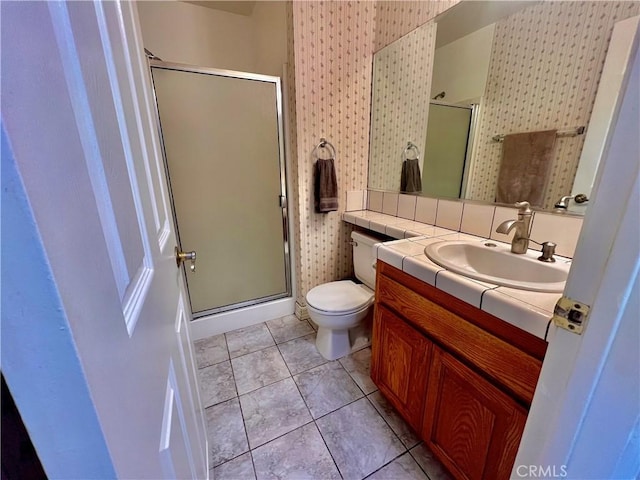 18725 Dallas Ave, Riverside, CA 92508 - full bathroom featuring a stall shower, toilet, vanity, and wallpapered walls