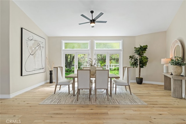 44240 La Cruz Dr, Temecula, CA 92590 - dining area with french doors, wood finished floors, baseboards, and a ceiling fan