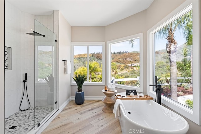 44240 La Cruz Dr, Temecula, CA 92590 - full bathroom with a freestanding bath, baseboards, wood finished floors, and a shower stall