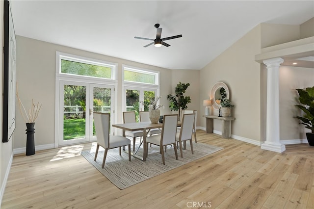 44240 La Cruz Dr, Temecula, CA 92590 - dining room featuring decorative columns, a ceiling fan, light wood-style floors, french doors, and baseboards