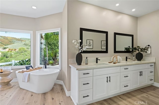 44240 La Cruz Dr, Temecula, CA 92590 - full bathroom with a soaking tub, double vanity, wood finished floors, and a sink