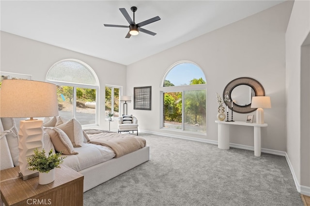 44240 La Cruz Dr, Temecula, CA 92590 - interior space featuring baseboards, multiple windows, high vaulted ceiling, and a ceiling fan
