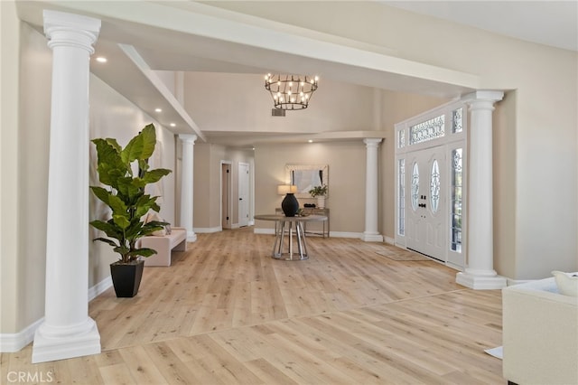 44240 La Cruz Dr, Temecula, CA 92590 - entryway featuring wood finished floors, baseboards, ornate columns, and recessed lighting