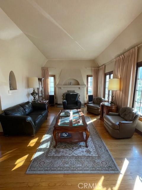 living room with vaulted ceiling, a healthy amount of sunlight, and wood finished floors