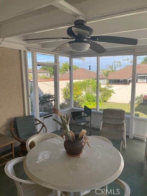 sunroom / solarium featuring ceiling fan and a wealth of natural light