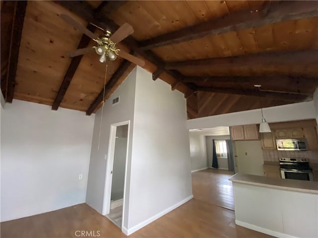 3428 W 189th St, Torrance, CA 90504 - kitchen with appliances with stainless steel finishes, wood ceiling, beam ceiling, a ceiling fan, and light wood-type flooring
