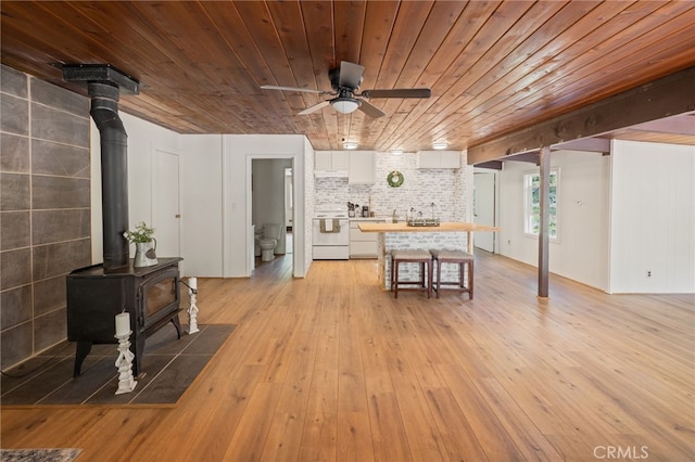 living room featuring a wood stove, wooden ceiling, light wood finished floors, and a ceiling fan