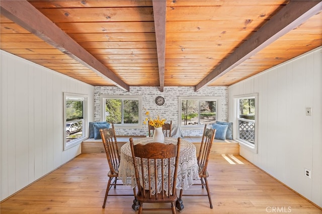 dining room featuring light wood finished floors, a wealth of natural light, and wood ceiling