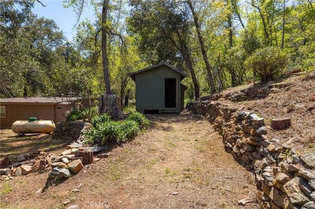 view of yard with an outbuilding and a shed