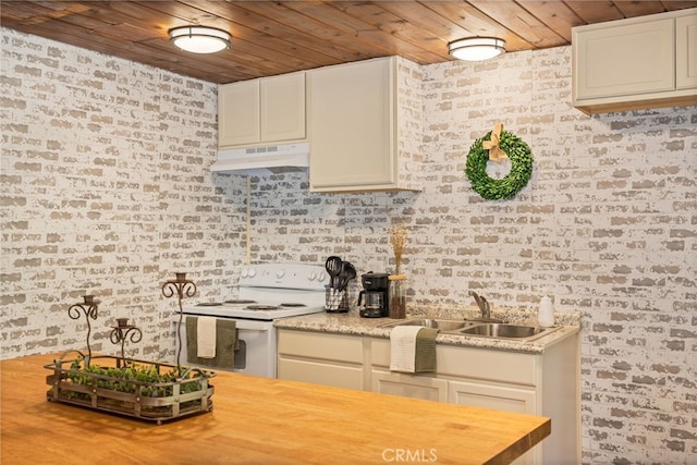 kitchen featuring a sink, wood counters, under cabinet range hood, wooden ceiling, and electric stove