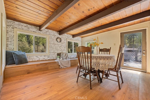 dining area with plenty of natural light, beam ceiling, wood-type flooring, and wood ceiling