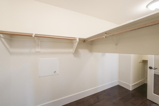 walk in closet with dark wood finished floors
