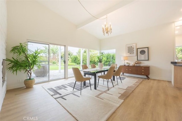 dining space with beam ceiling, wood finished floors, high vaulted ceiling, an inviting chandelier, and baseboards