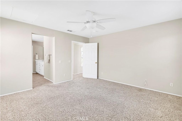 39992 Pasadena Dr, Temecula, CA 92591 - unfurnished bedroom with light carpet, baseboards, connected bathroom, and ceiling fan