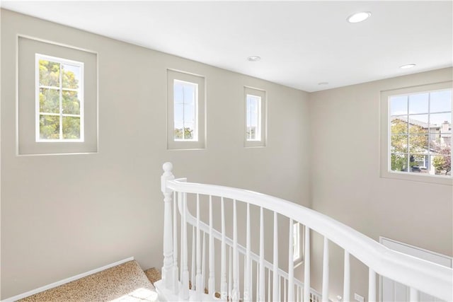 39992 Pasadena Dr, Temecula, CA 92591 - hall featuring an upstairs landing, carpet floors, recessed lighting, and baseboards