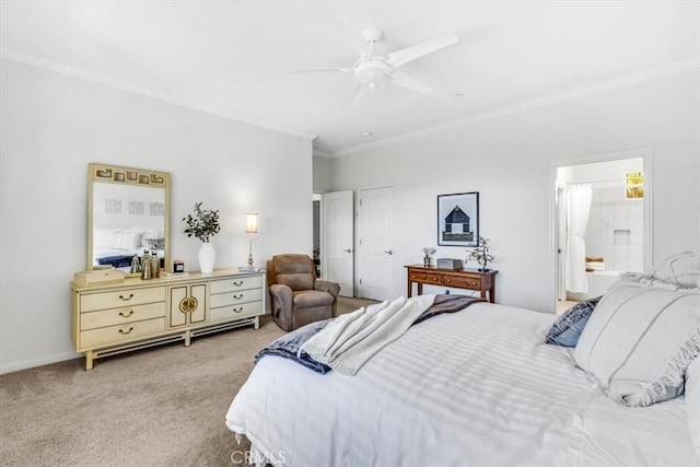 bedroom with light colored carpet, ensuite bathroom, ceiling fan, and ornamental molding