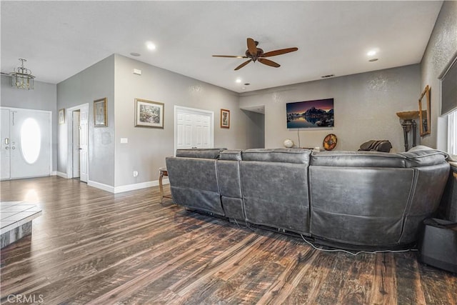 6748 Coriander Dr, Oak Hills, CA 92344 - living room featuring wood finished floors, visible vents, recessed lighting, a ceiling fan, and baseboards