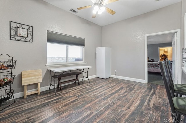 6748 Coriander Dr, Oak Hills, CA 92344 - interior space featuring a ceiling fan, baseboards, visible vents, and wood finished floors