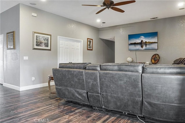 6748 Coriander Dr, Oak Hills, CA 92344 - living area featuring visible vents, wood finished floors, baseboards, and ceiling fan