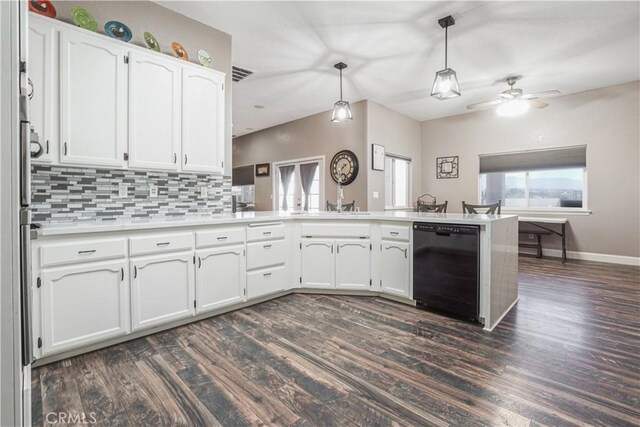 6748 Coriander Dr, Oak Hills, CA 92344 - kitchen with white cabinetry, a wealth of natural light, black dishwasher, and dark wood finished floors