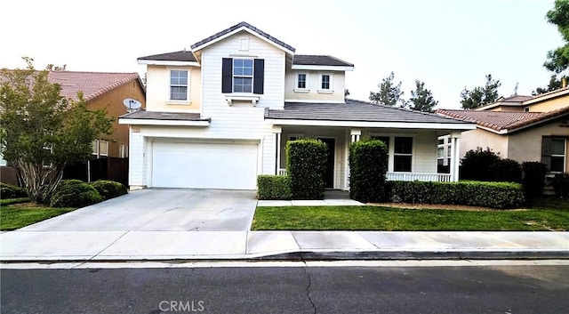 1480 Bedford Ct, Beaumont, CA 92223 - traditional-style house with an attached garage, concrete driveway, and covered porch