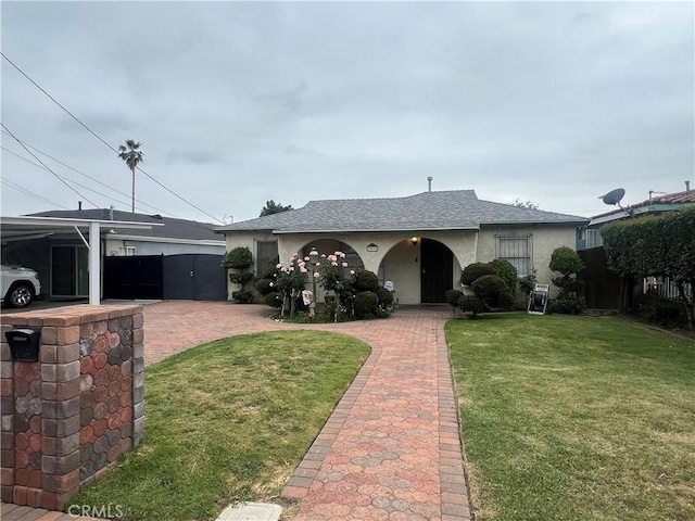 ranch-style house with a shingled roof, stucco siding, and a front yard