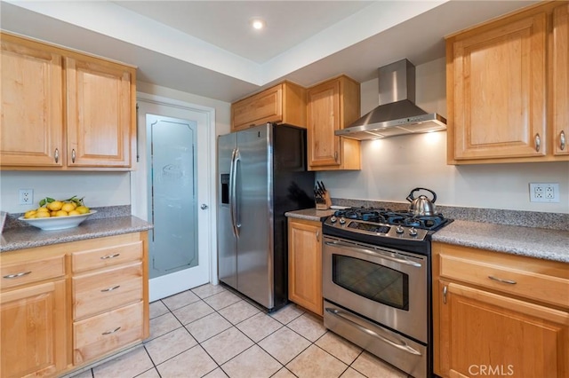 637 Anson St, Simi Valley, CA 93065 - kitchen with appliances with stainless steel finishes, wall chimney range hood, light tile patterned flooring, and light brown cabinets