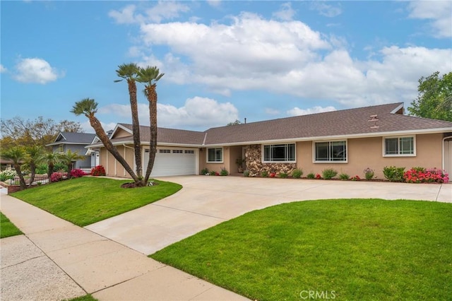 637 Anson St, Simi Valley, CA 93065 - ranch-style home featuring driveway, an attached garage, a front lawn, and stucco siding