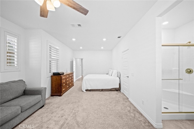bedroom with light colored carpet, baseboards, recessed lighting, and a ceiling fan