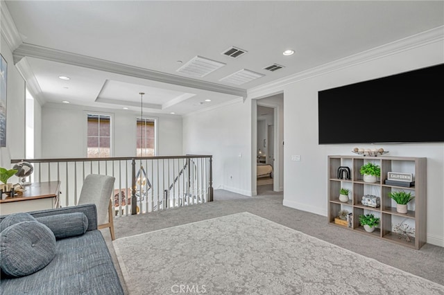 living area featuring visible vents, baseboards, and carpet floors