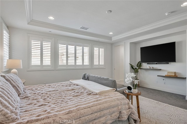 12060 N Azurita Ct, Porter Ranch, CA 91326 - carpeted bedroom featuring multiple windows, a tray ceiling, ornamental molding, recessed lighting, and baseboards
