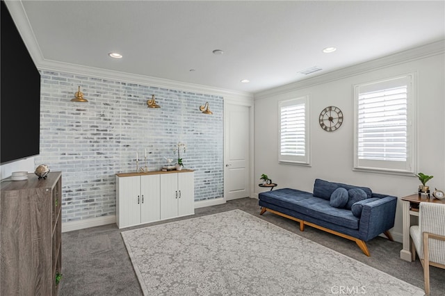 living area with recessed lighting, crown molding, baseboards, and carpet floors