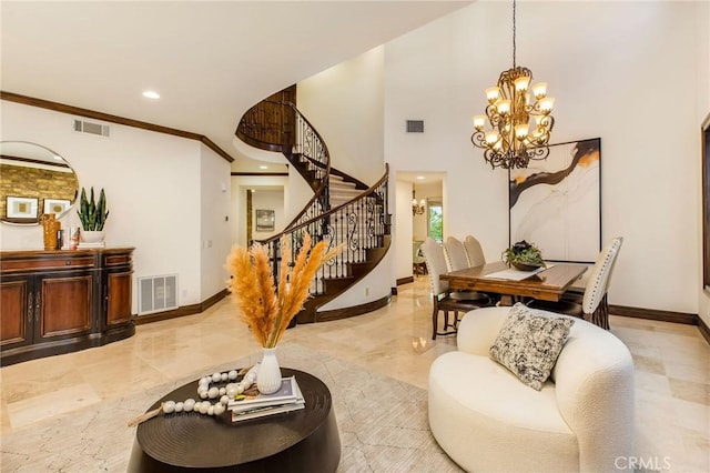 11 Sunswept Mesa, Aliso Viejo, CA 92656 - living area with stairs, a chandelier, baseboards, light marble finish floors, and crown molding