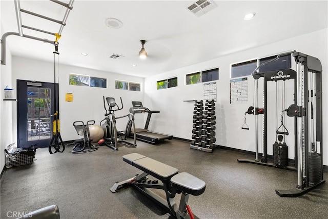 44 Corniche Dr Unit G, Dana Point, CA 92629 - gym featuring plenty of natural light, a ceiling fan, and recessed lighting