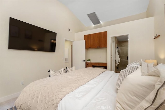 44 Corniche Dr Unit G, Dana Point, CA 92629 - bedroom with high vaulted ceiling, baseboards, and light carpet