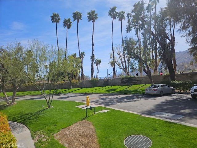 view of home's community featuring fence and a lawn