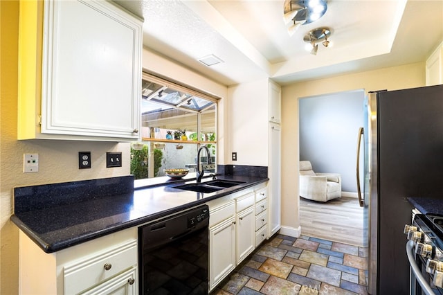 9387 Hot Springs Rd, Corona, CA 92883 - kitchen featuring a sink, stainless steel range with gas cooktop, dishwasher, white cabinets, and dark countertops