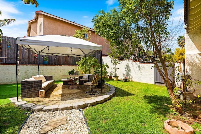 9387 Hot Springs Rd, Corona, CA 92883 - view of yard with an outdoor living space, a gazebo, a patio, and a fenced backyard
