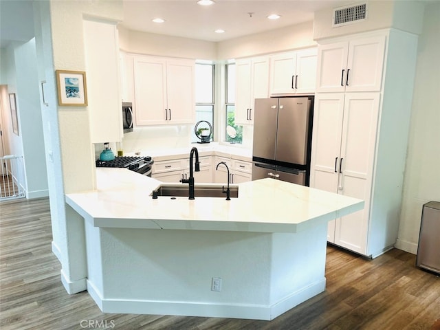 kitchen with appliances with stainless steel finishes, visible vents, wood finished floors, and a sink
