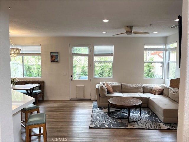 1129 W Capitol Dr Unit 29, San Pedro, CA 90732 - living area with plenty of natural light, wood finished floors, a ceiling fan, and recessed lighting