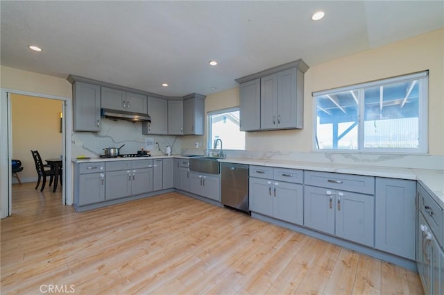 2302 Delfs Ln, Rowland Heights, CA 91748 - kitchen with gray cabinetry, stainless steel dishwasher, under cabinet range hood, gas stovetop, and a sink