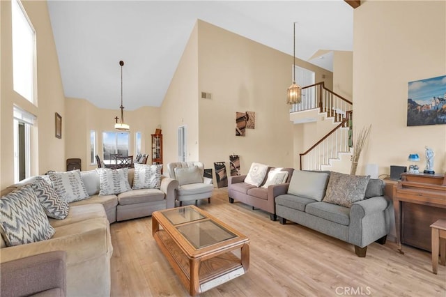 2302 Delfs Ln, Rowland Heights, CA 91748 - living area featuring high vaulted ceiling, stairs, light wood-type flooring, and a chandelier