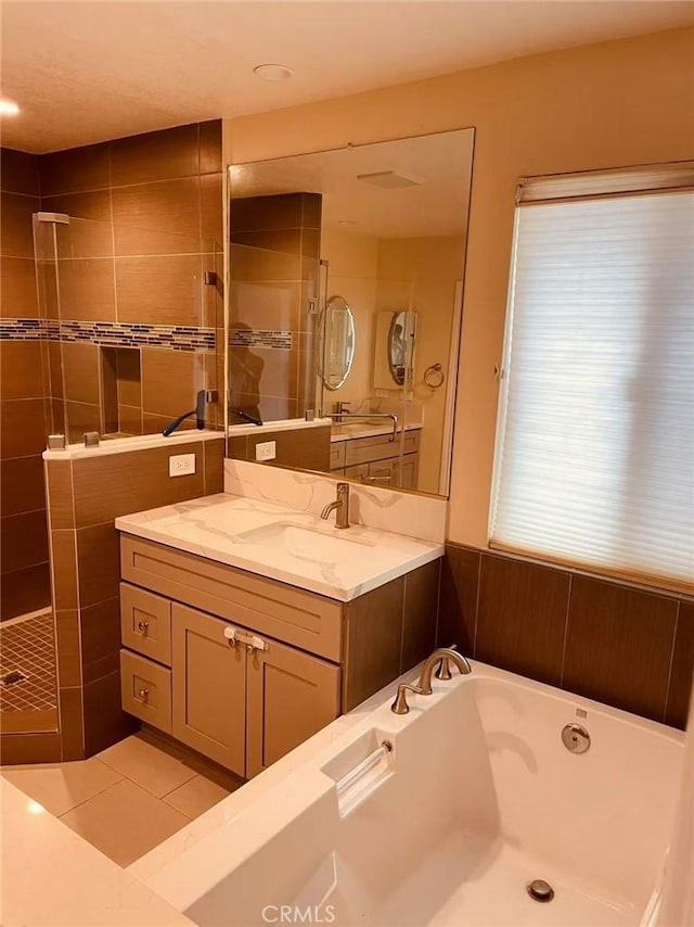2302 Delfs Ln, Rowland Heights, CA 91748 - bathroom with vanity, tiled shower, a bath, and tile patterned floors
