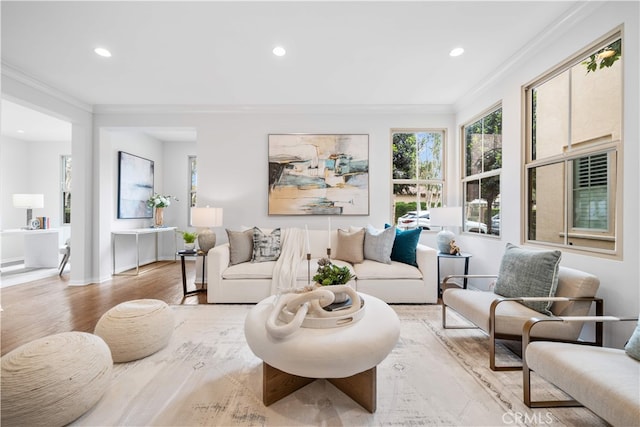 33 Jonquil, Irvine, CA 92618 - living room featuring crown molding, recessed lighting, and light wood finished floors