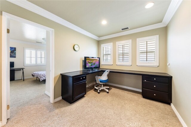 16673 Carob Ave, Chino Hills, CA 91709 - home office featuring light colored carpet, crown molding, and baseboards