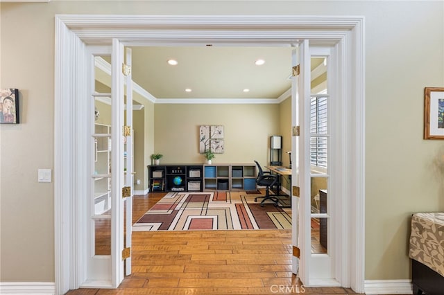 16673 Carob Ave, Chino Hills, CA 91709 - office space featuring baseboards, ornamental molding, french doors, recessed lighting, and wood finished floors