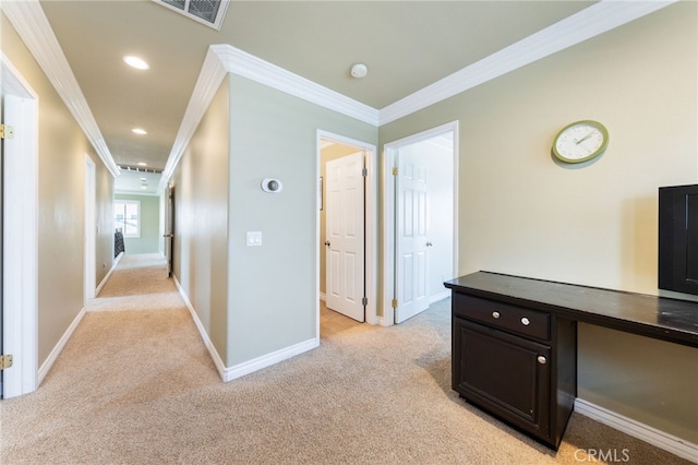 16673 Carob Ave, Chino Hills, CA 91709 - corridor with crown molding, light carpet, baseboards, and recessed lighting