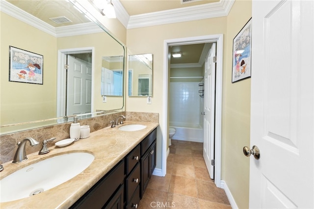 16673 Carob Ave, Chino Hills, CA 91709 - full bath with toilet, double vanity, crown molding, tile patterned floors, and baseboards
