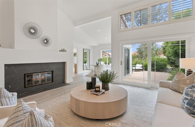 living area with a high end fireplace, high vaulted ceiling, and wood finished floors