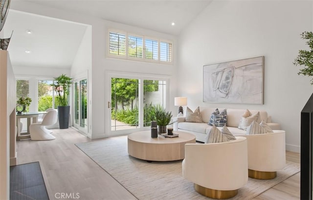 living area featuring high vaulted ceiling, a healthy amount of sunlight, and wood finished floors